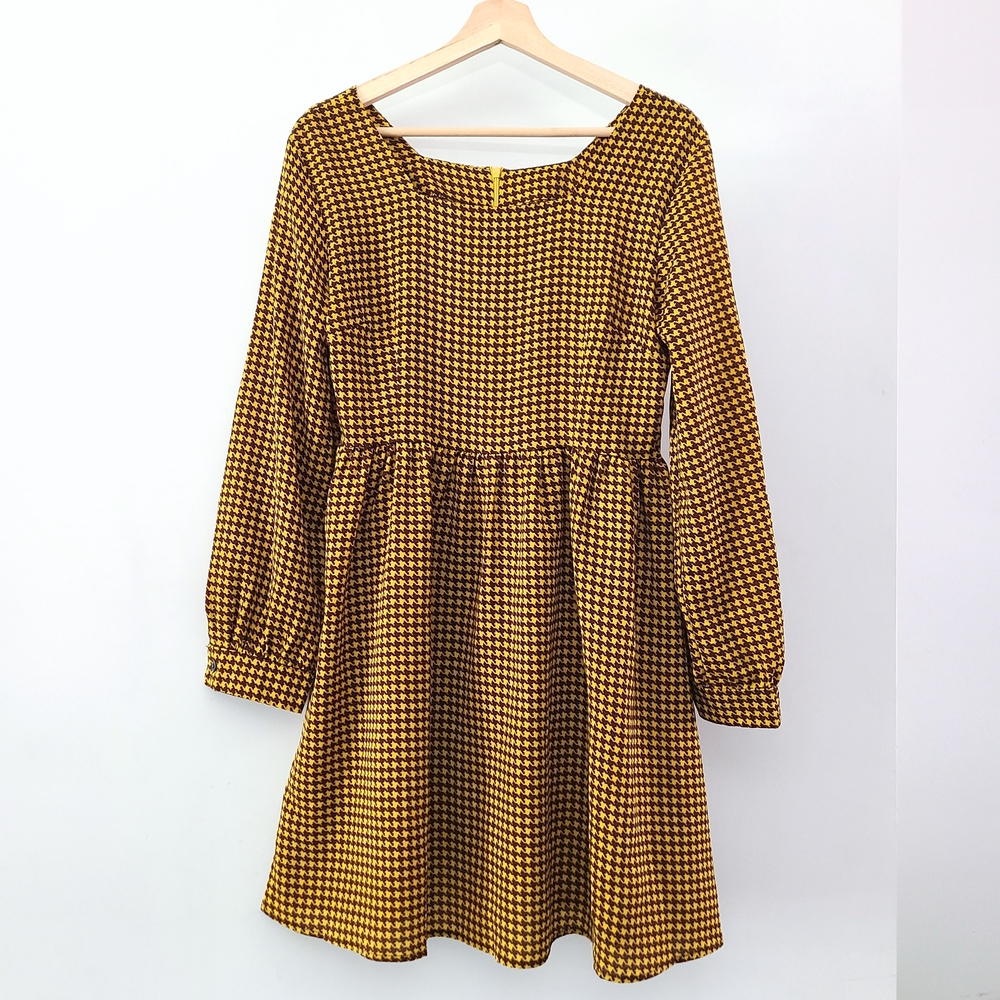 Square Neck Yellow Houndstooth A-Line Dress